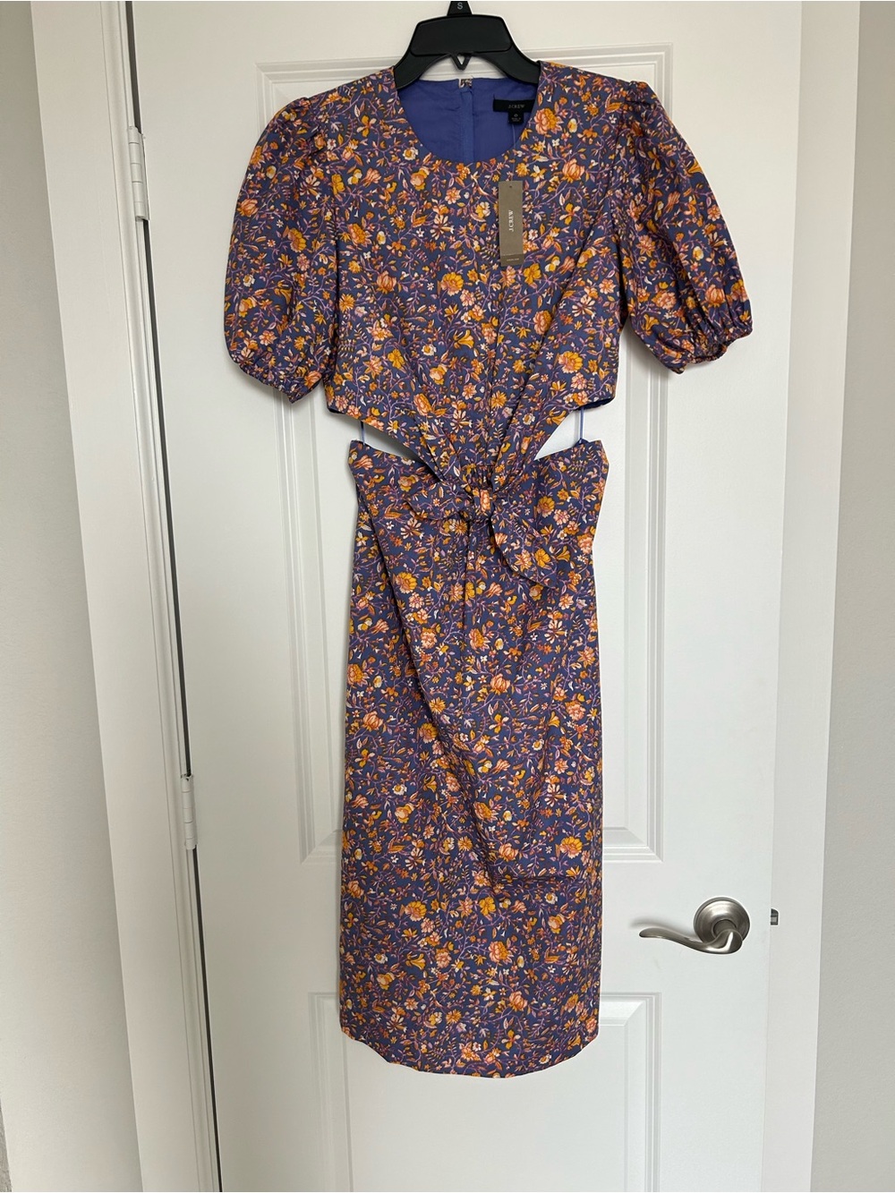 J Crew Purple Floral Cutout Midi Dress with Puff Sleeves